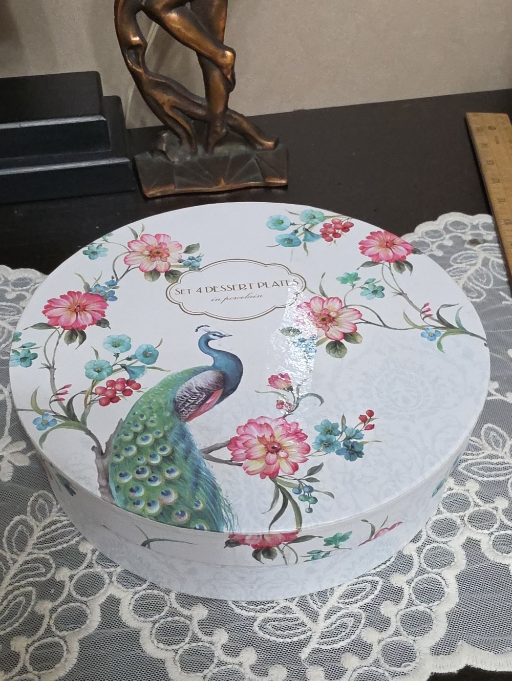 Peacock Floral Dessert Plate Gift Box - White with Multicolor Peacock Design